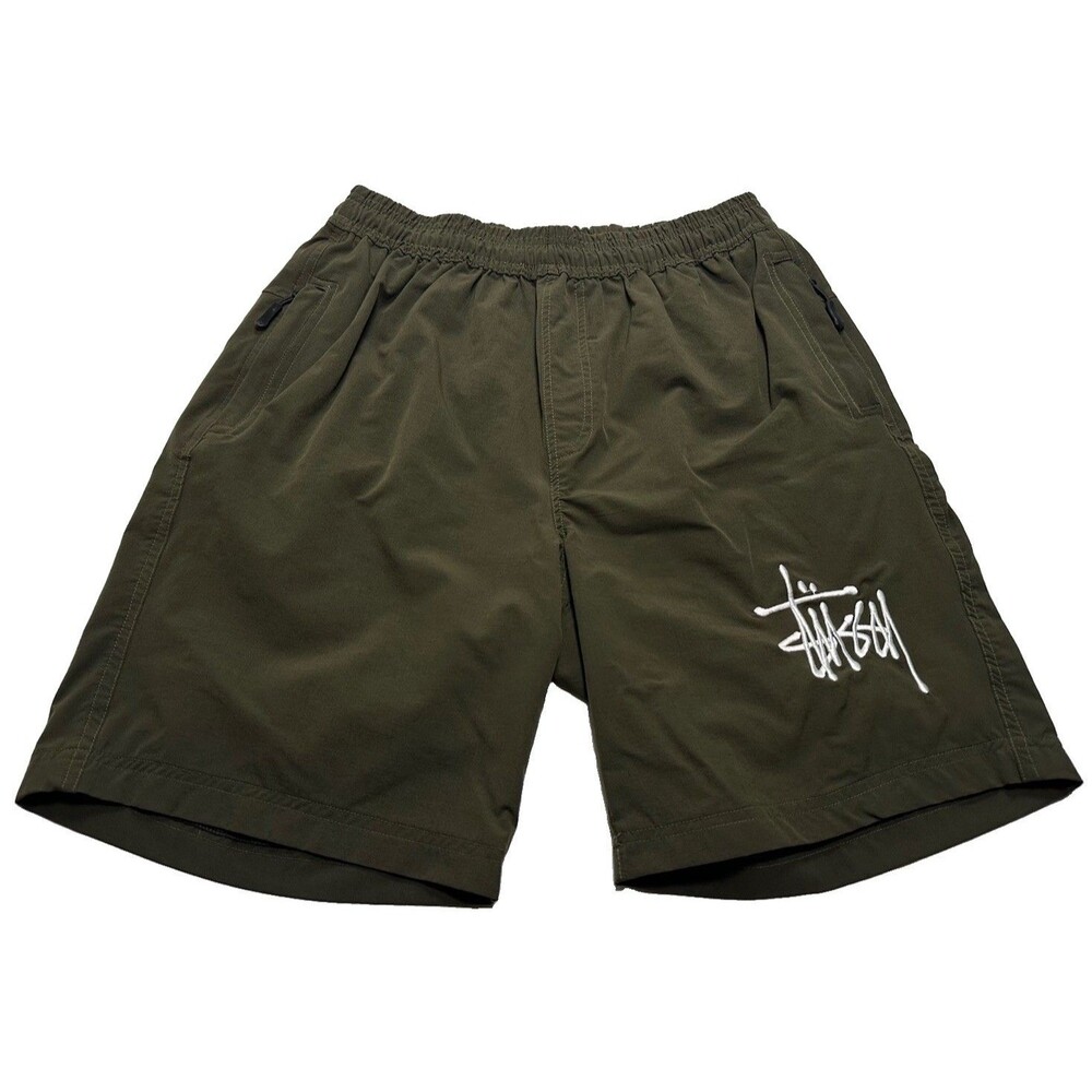 Men's Stussy Nylon Embroidered Logo Shorts 8" Size Medium Olive Green